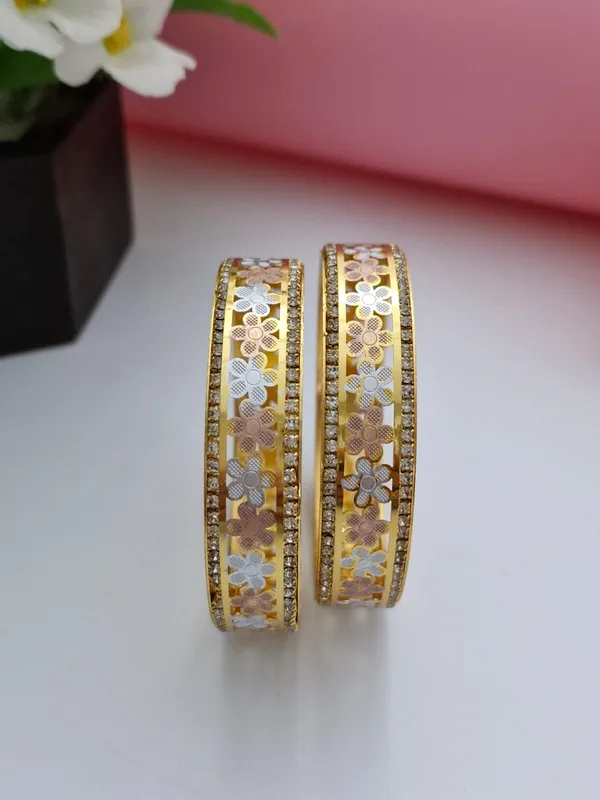 Designer_Three-Tone_Daisy_Flower_Openwork_Gold_Plated_Bangles_|_1_Pair_Set_of_2_for_Both_Hands_|_American_Diamond_Bordered_Kangan