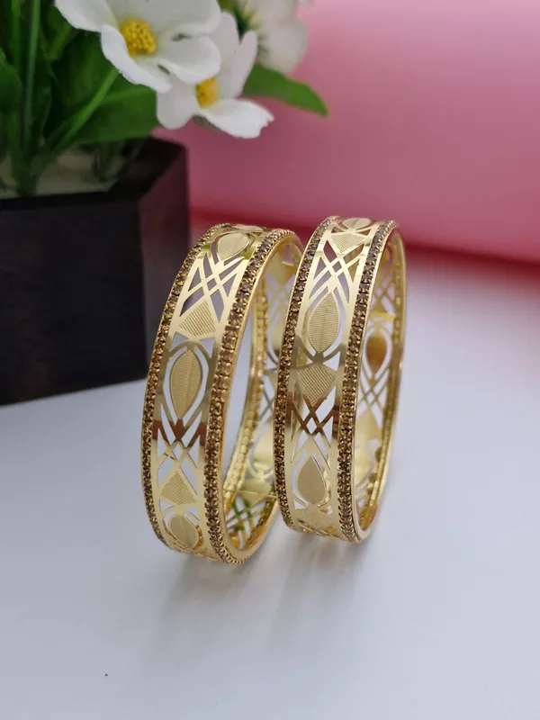 Designer_18K_Gold_Plated_Geometric_Lattice_Bangles_|_1_Pair_Set_of_2_for_Both_Hands_|_Champagne_Stone_Bordered_Kangan_Pair