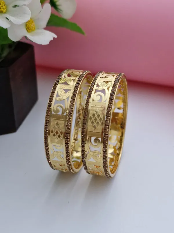 Designer_18K_Gold_Plated_Floral_Lattice_Bangles_|_1_Pair_Set_of_2_for_Both_Hands_|_Champagne_CZ_Bordered_Traditional_Kangan_Pair