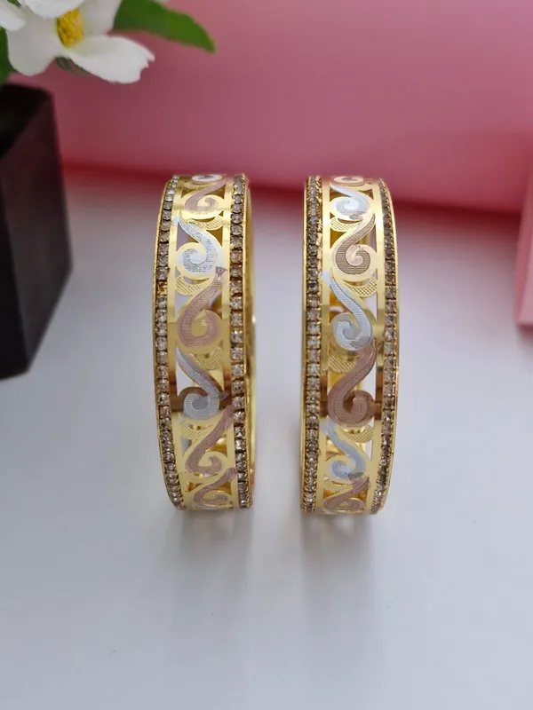 18K_Gold_Plated_Tri-Color_Filigree_CZ_Stone_Bangles_(1_Pair_-_Set_of_2_for_Both_Hands)