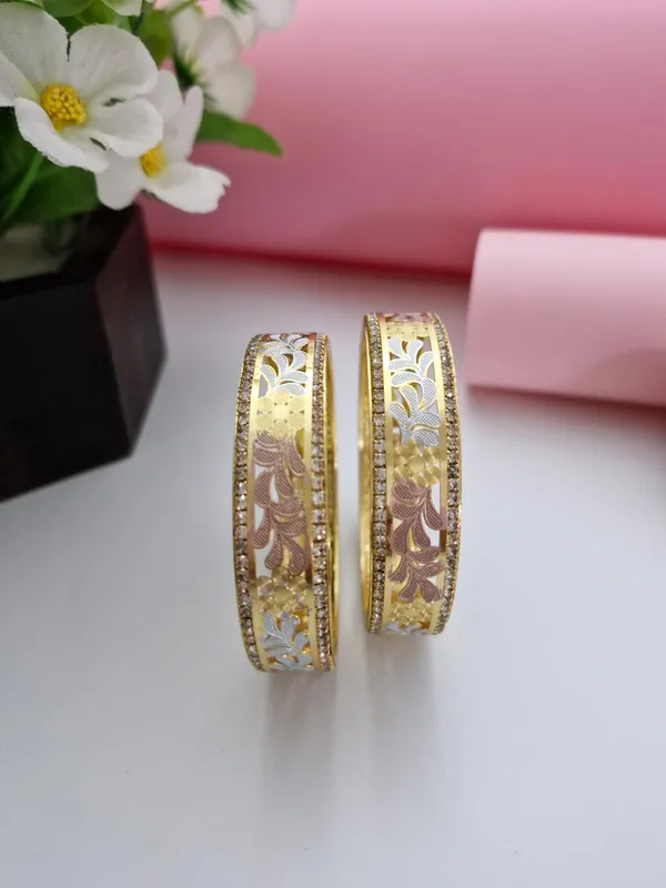 18K_Gold_Plated_Tri-Color_Floral_Filigree_CZ_Stone_Bangles_(1_Pair_-_Set_of_2_for_Both_Hands)