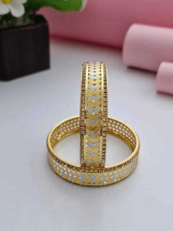 18K_Gold_Plated_Dual-Tone_Chevron_Leaf_Filigree_CZ_Bangles_(1_Pair_-_Set_of_2_for_Both_Hands)
