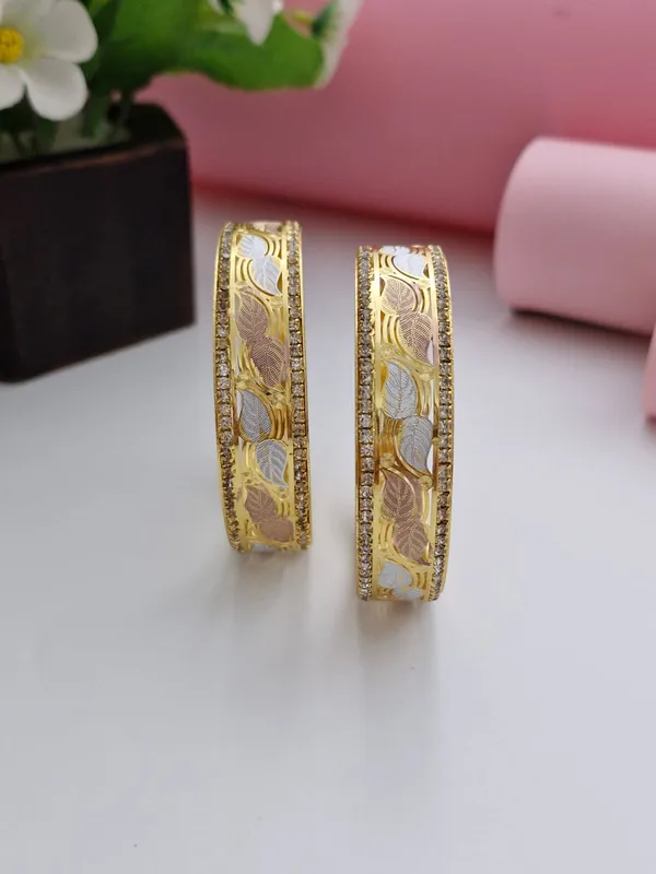 18K_Gold_Plated_Tri-Color_Textured_Leaf_Filigree_CZ_Bangles_(1_Pair_-_Set_of_2_for_Both_Hands)