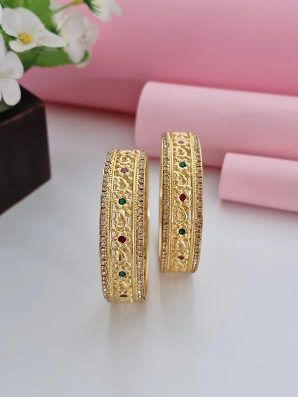 18K_Gold_Plated_Intricate_Filigree_Kada_Bangles_(1_Pair_-_Set_of_2_for_Both_Hands)_|_CZ_Stone_Studded_Royal_Gold_Jewelry