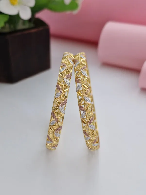 18K_Gold_Plated_Three-Tone_Floral_Filigree_Bangles_(1_Pair_-_Set_of_2_for_Both_Hands)_|_Tri-Tone_Gold,_Silver_&_Rose_Gold_Polish_Cutwork_Bangles
