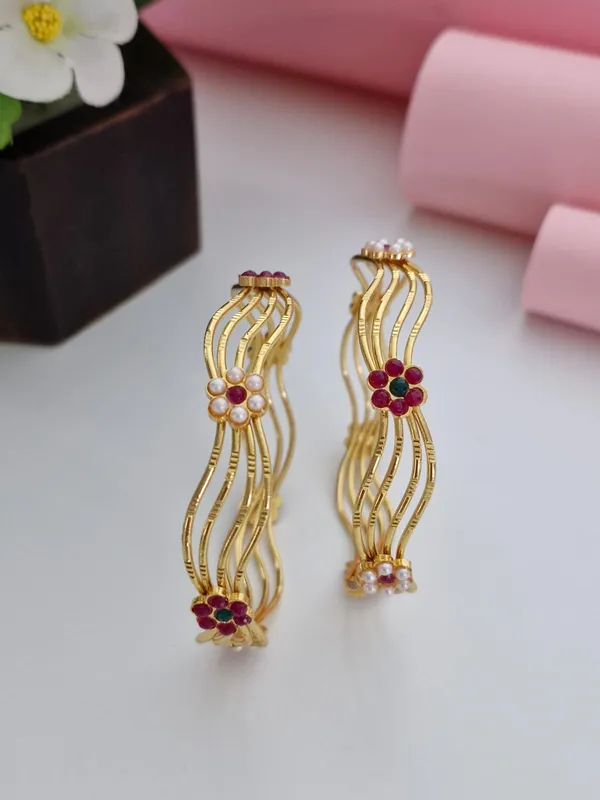18K_Gold_Plated_Wavy_Wire_Floral_Motif_Bangles_(1_Pair_-_Set_of_2_for_Both_Hands)_|_Pearl_&_Ruby_Gemstone_Studded_Ethnic_Kada_Set