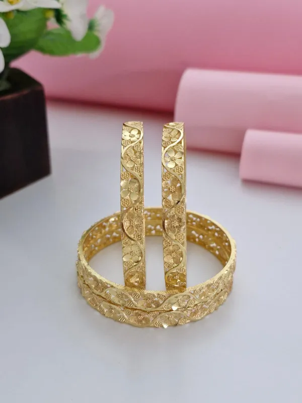18K_Gold_Plated_Floral_Cutwork_Textured_Bangles_(2_Pair_-_Set_of_4_for_Both_Hands)_|_Royal_Matte_&_Gloss_Finish_Gold_Jewellery