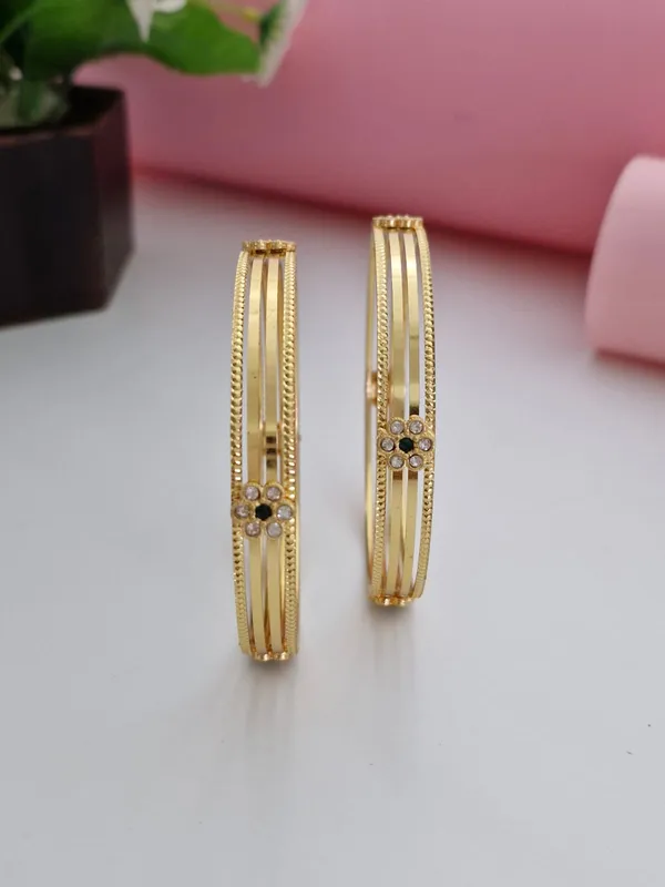 18K_Gold_Plated_Multi-Strand_Wire_CZ_&_Emerald_Floral_Cluster_Bangles_(1_Pair_-_Set_of_2_for_Both_Hands)_|_Delicate_Gold-Plated_Bangle_Set