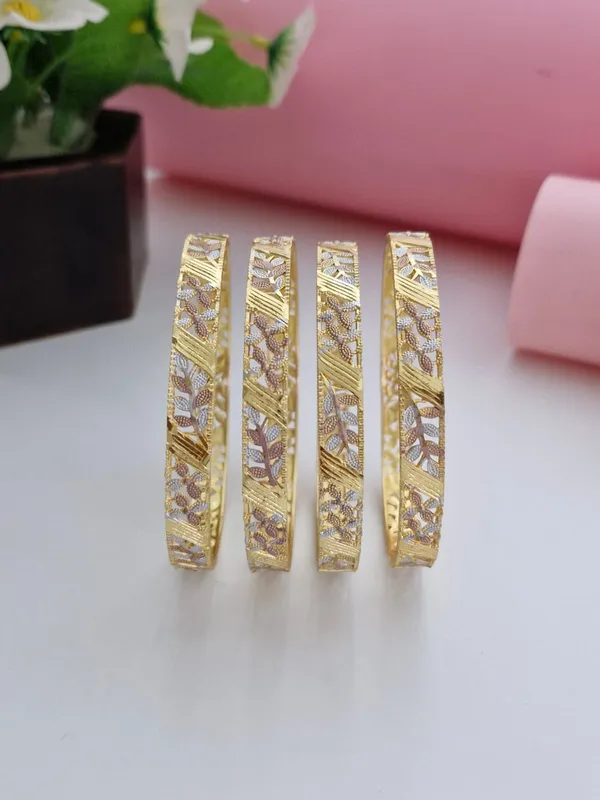 18K_Gold_Plated_Three-Tone_Leaf_&_Floral_Cutwork_Bangles_(2_Pair_-_Set_of_4_for_Both_Hands)_|_Tri-Tone_Gold,_Silver_&_Rose_Gold_Polish_Bangle_Set
