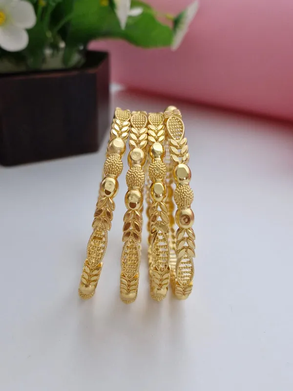 18K_Gold_Plated_Leaf_Motif_Beaded_Work_Bangles_(2_Pair_-_Set_of_4_for_Both_Hands)_|_Royal_Traditional_Textured_Gold_Bangle_Set