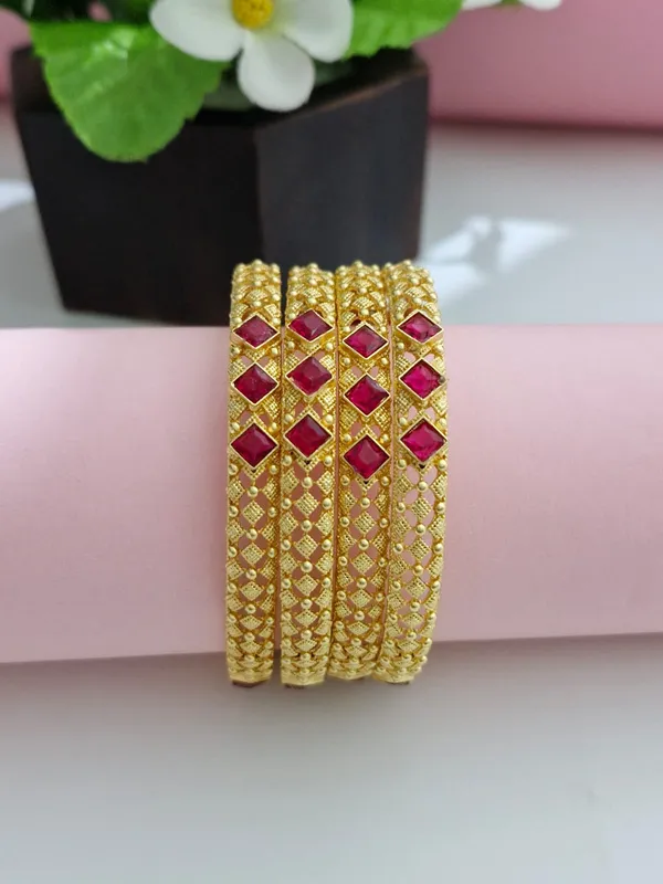 18K_Gold_Plated_Ruby_Pink_Square_Stone_Openwork_Mesh_Kangan_|_Set_of_2_(1_Pair_Set_for_Both_Hands)