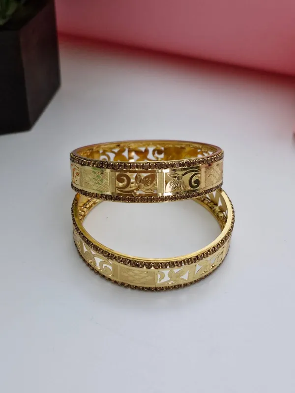 Designer_18K_Gold_Plated_Floral_Lattice_Bangles_|_1_Pair_Set_of_2_for_Both_Hands_|_Champagne_CZ_Bordered_Traditional_Kangan_Pair