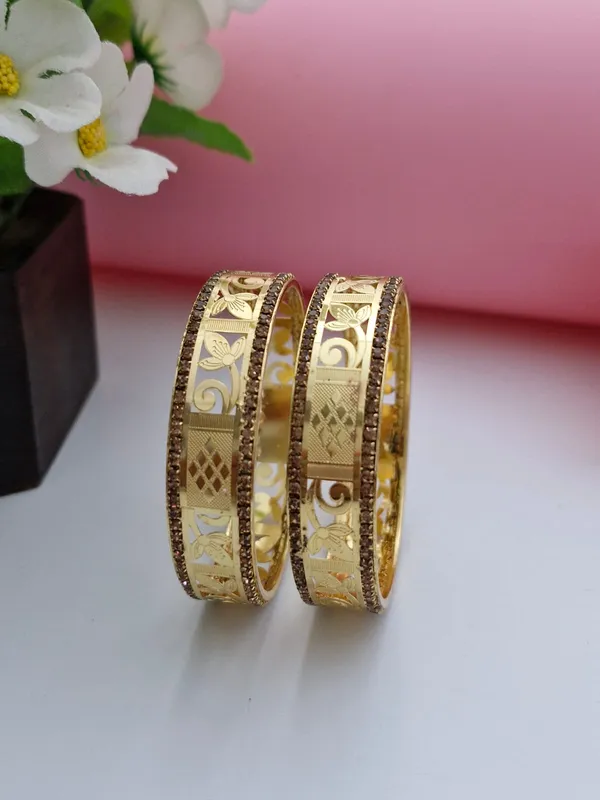 Designer_18K_Gold_Plated_Floral_Lattice_Bangles_|_1_Pair_Set_of_2_for_Both_Hands_|_Champagne_CZ_Bordered_Traditional_Kangan_Pair