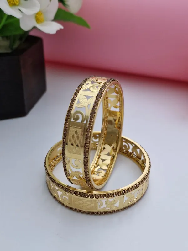 Designer_18K_Gold_Plated_Floral_Lattice_Bangles_|_1_Pair_Set_of_2_for_Both_Hands_|_Champagne_CZ_Bordered_Traditional_Kangan_Pair
