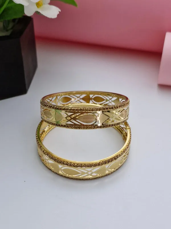 Designer_18K_Gold_Plated_Geometric_Lattice_Bangles_|_1_Pair_Set_of_2_for_Both_Hands_|_Champagne_Stone_Bordered_Kangan_Pair