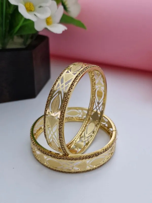 Designer_18K_Gold_Plated_Geometric_Lattice_Bangles_|_1_Pair_Set_of_2_for_Both_Hands_|_Champagne_Stone_Bordered_Kangan_Pair