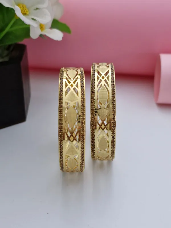 Designer_18K_Gold_Plated_Geometric_Lattice_Bangles_|_1_Pair_Set_of_2_for_Both_Hands_|_Champagne_Stone_Bordered_Kangan_Pair