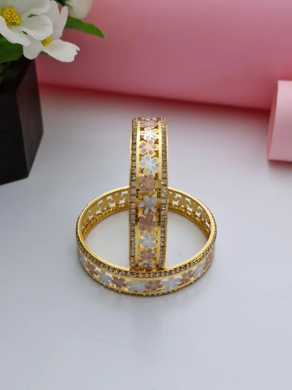 Designer_Three-Tone_Daisy_Flower_Openwork_Gold_Plated_Bangles_|_1_Pair_Set_of_2_for_Both_Hands_|_American_Diamond_Bordered_Kangan