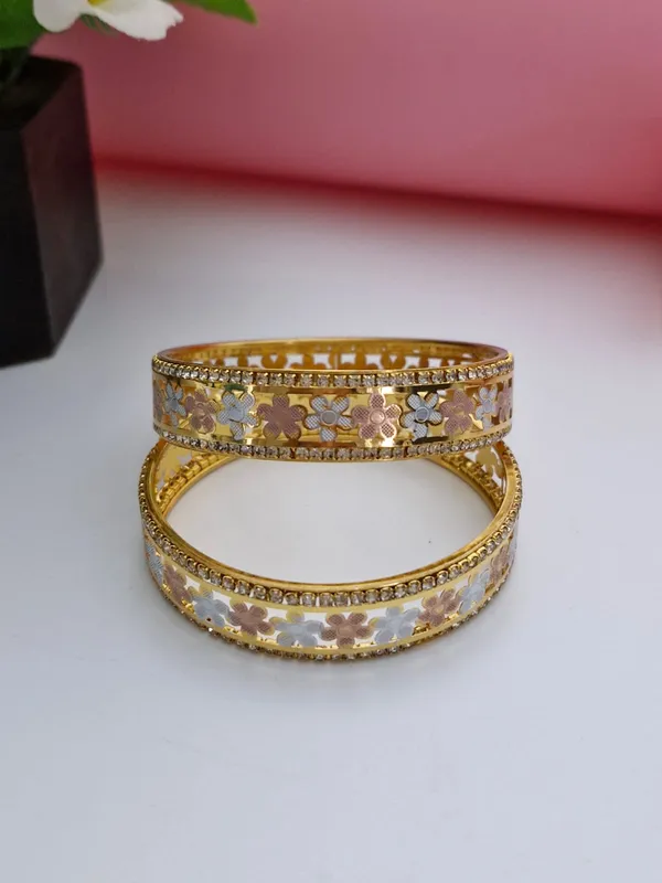 Designer_Three-Tone_Daisy_Flower_Openwork_Gold_Plated_Bangles_|_1_Pair_Set_of_2_for_Both_Hands_|_American_Diamond_Bordered_Kangan