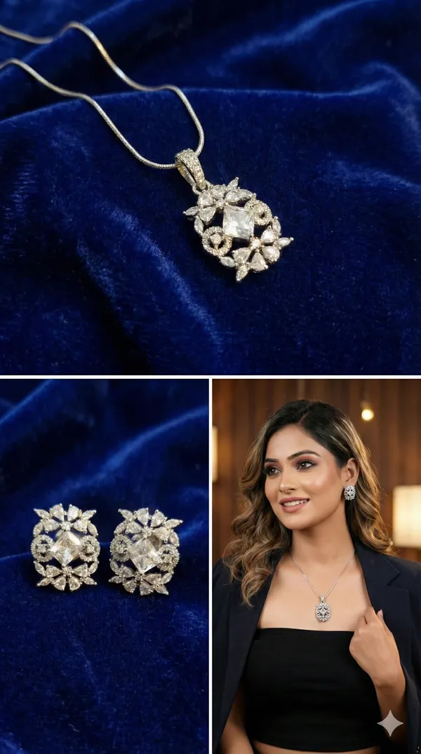 Flower_Design_Diamond_Pendant_Set_SILVER