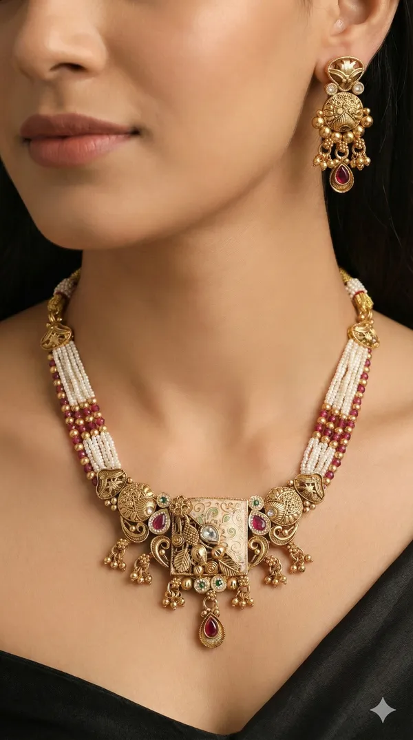 Gold_Moti_And_Diamond_Work_Antique_Choker_For_Women