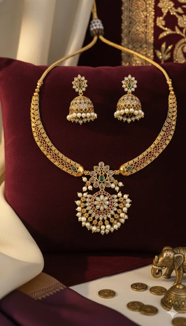 Golden_Antique_Moti_And_Diamond_Work_Necklace_Set_For_Women_18k_Gold_plated_