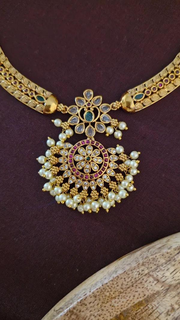 Golden_Antique_Moti_And_Diamond_Work_Necklace_Set_For_Women_18k_Gold_plated_