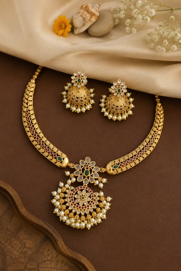 Golden_Antique_Moti_And_Diamond_Work_Necklace_Set_For_Women_18k_Gold_plated_