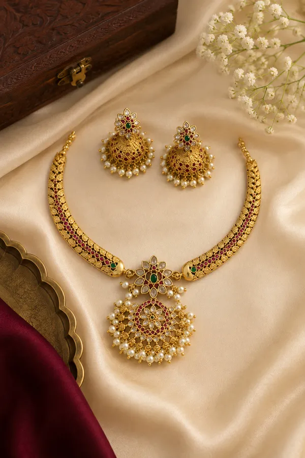 Ridhivam_Traditional_Gold-Tone_Kundan_Necklace_Set_with_Floral_Pendant,_Green_&_Ruby_Stones_and_Pearl_Drops