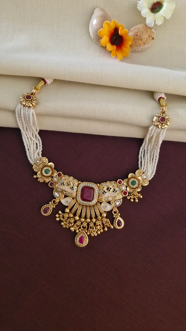 Gold_Moti_Layerd_Necklace_Earrings_Set_For_Women