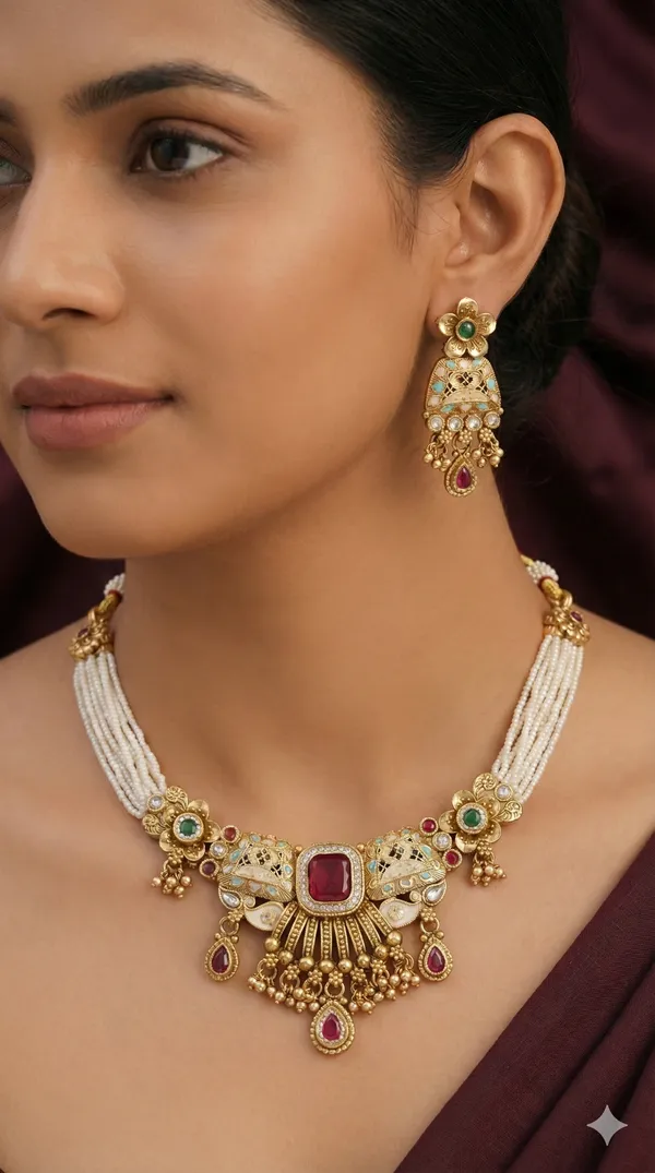 Gold_Moti_Layerd_Necklace_Earrings_Set_For_Women