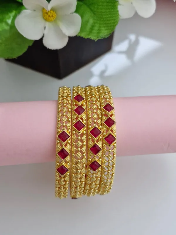 18K_Gold_Plated_Ruby_Pink_Square_Stone_Openwork_Mesh_Kangan_|_Set_of_2_(1_Pair_Set_for_Both_Hands)