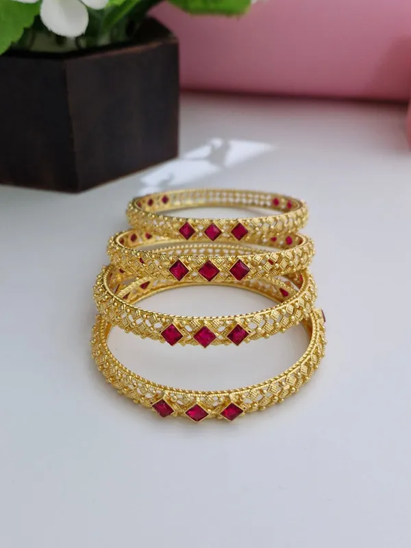 18K_Gold_Plated_Ruby_Pink_Square_Stone_Openwork_Mesh_Kangan_|_Set_of_2_(1_Pair_Set_for_Both_Hands)