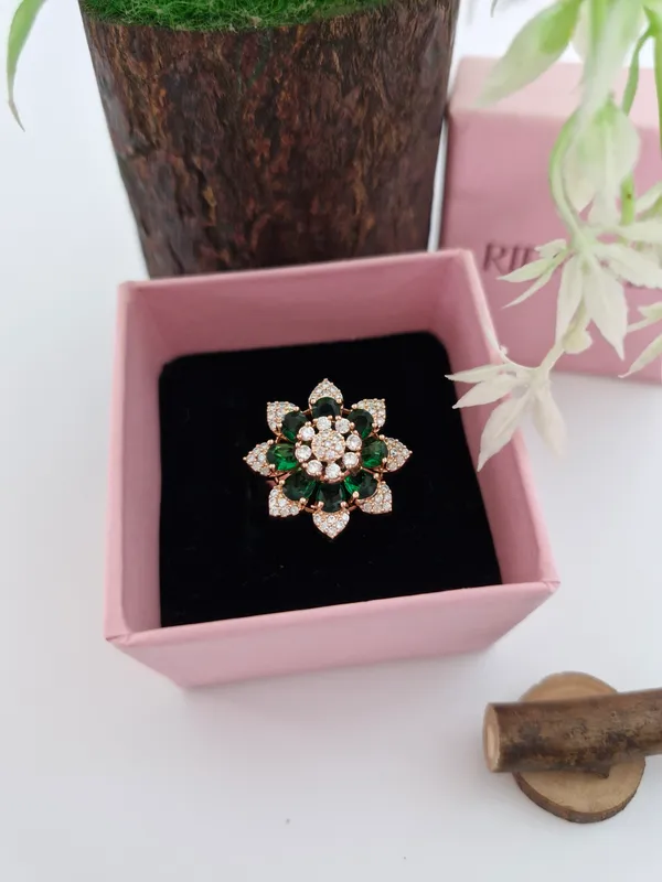 18K_Rose_Gold_Plated_Emerald_Green_&_CZ_Floral_Statement_Ring