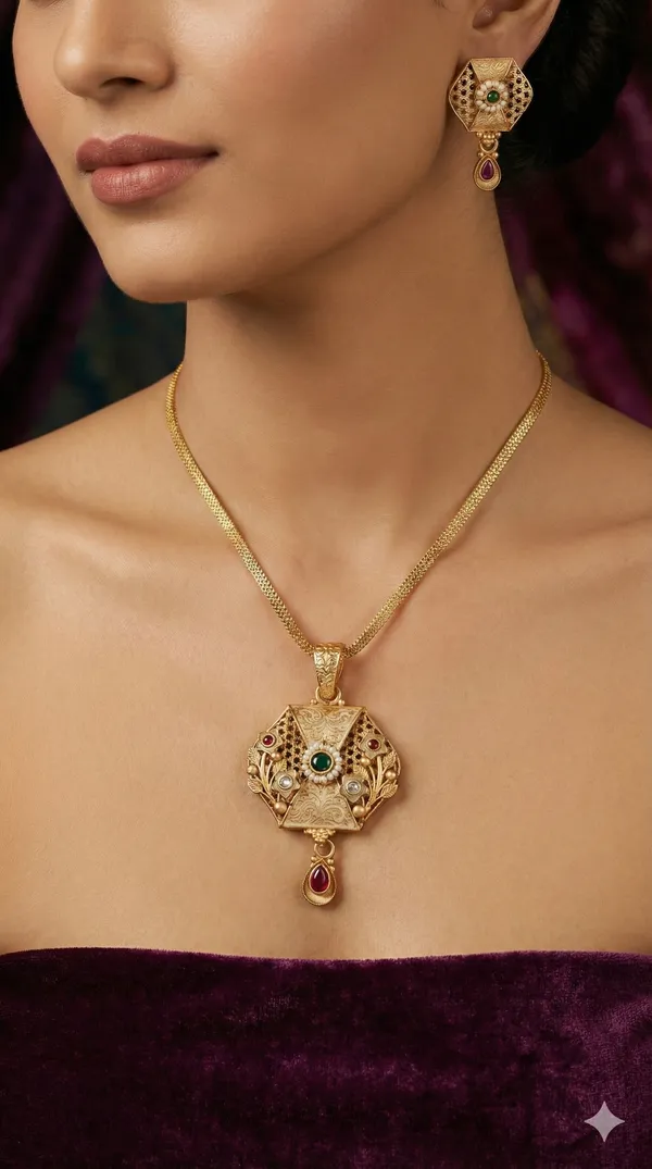 Gold_Moti_And_Diamond_Work_Pendant_Set_For_Women
