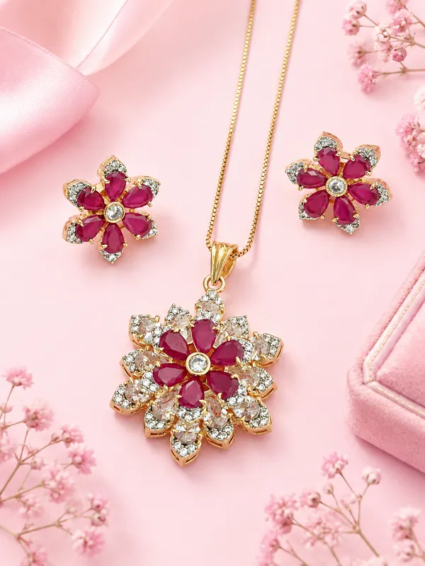 18K_Gold_Plated_Ruby_Pink_&_CZ_Floral_Pendant_Set_with_Earrings_&_Chain