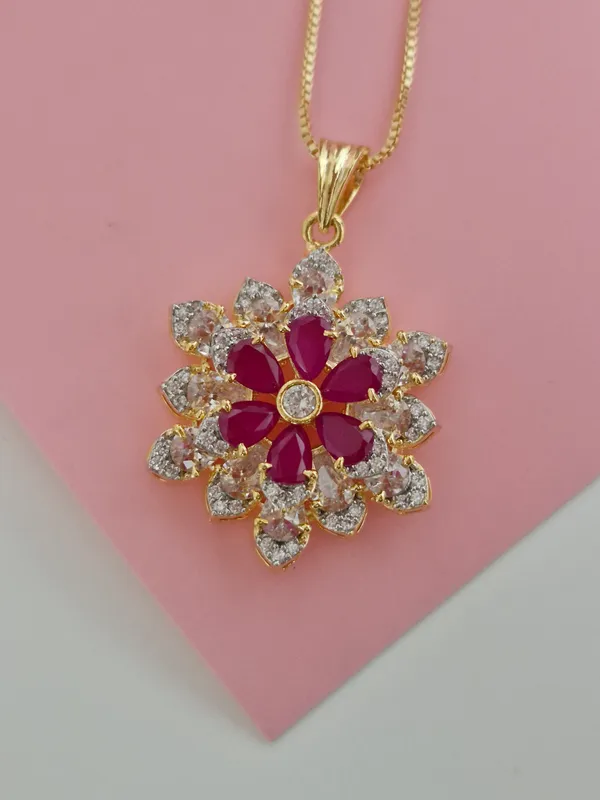 18K_Gold_Plated_Ruby_Pink_&_CZ_Floral_Pendant_Set_with_Earrings_&_Chain