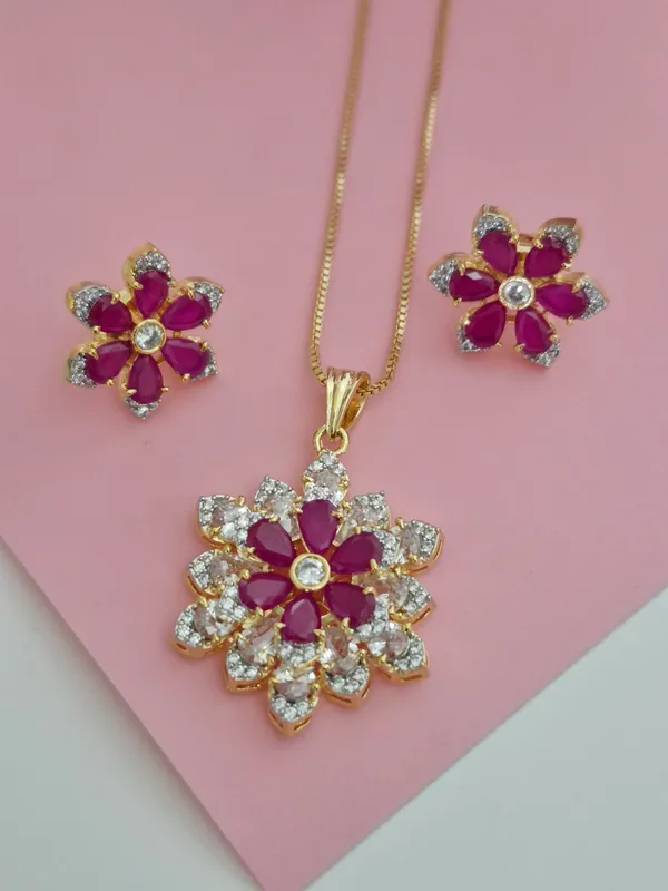 18K_Gold_Plated_Ruby_Pink_&_CZ_Floral_Pendant_Set_with_Earrings_&_Chain