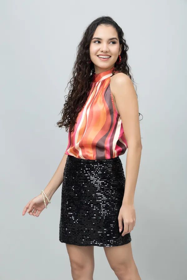 Orange,_Pink_&_White_Satin_Abstract_Sleeveless_Halter_Neck_Hip_Length_Top_For_Women_&_Girls