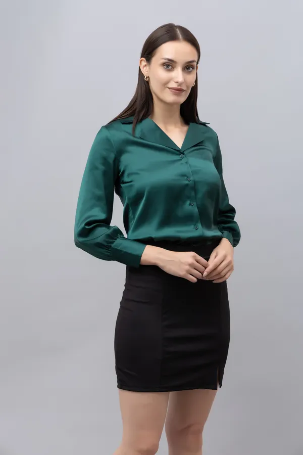 Green_Satin_Solid_Full_Sleeve_Spread_Collar_Hip_Length_Shirt_For_Women_&_Girls