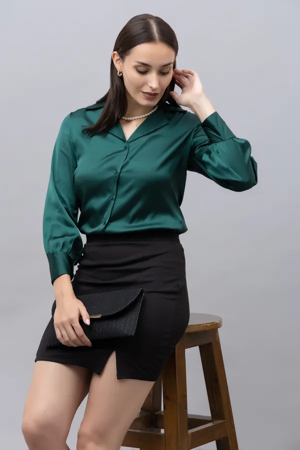 Green_Satin_Solid_Full_Sleeve_Spread_Collar_Hip_Length_Shirt_For_Women_&_Girls