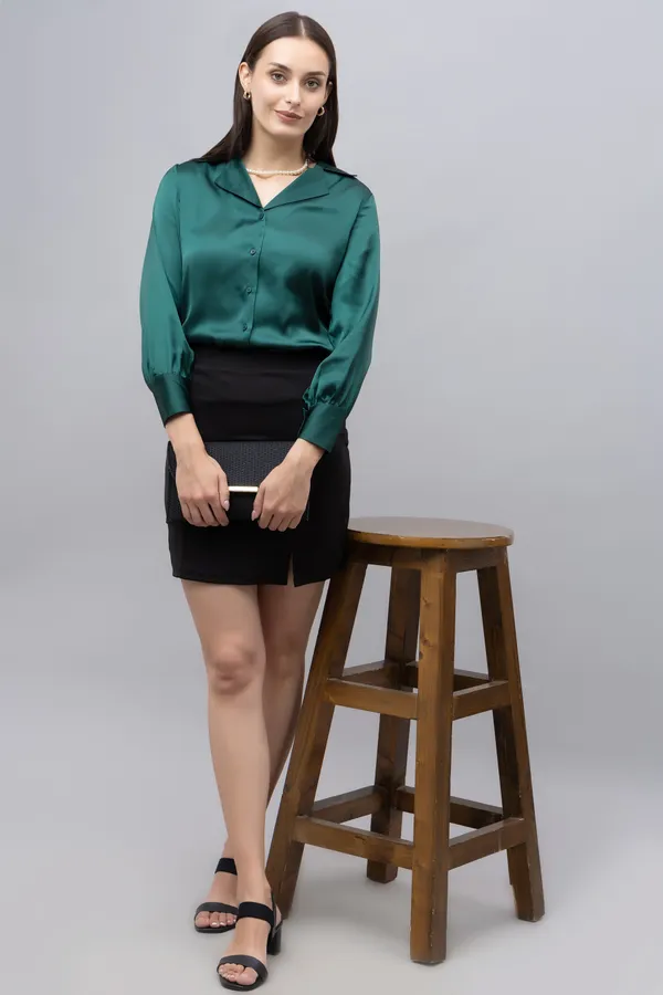 Green_Satin_Solid_Full_Sleeve_Spread_Collar_Hip_Length_Shirt_For_Women_&_Girls