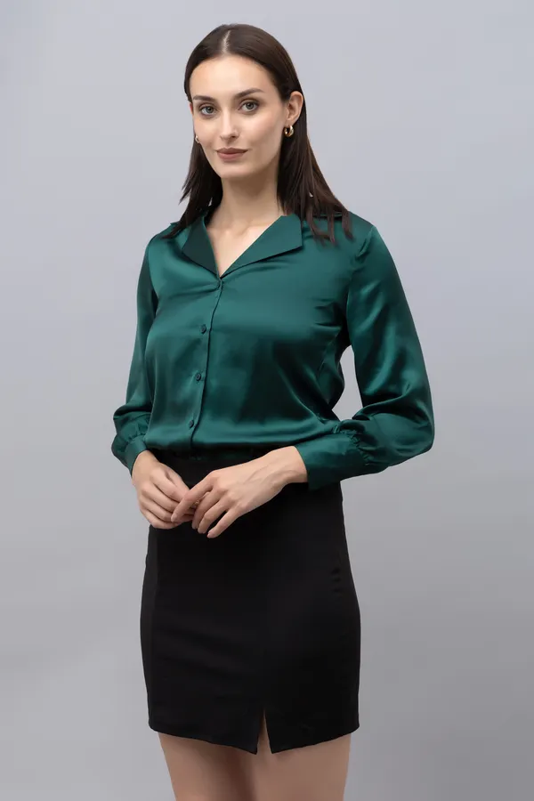 Green_Satin_Solid_Full_Sleeve_Spread_Collar_Hip_Length_Shirt_For_Women_&_Girls