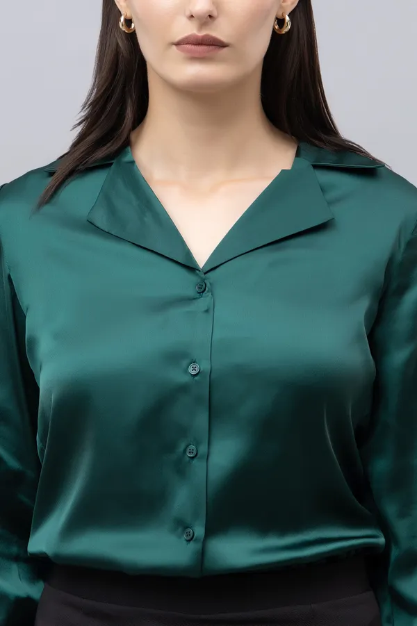 Green_Satin_Solid_Full_Sleeve_Spread_Collar_Hip_Length_Shirt_For_Women_&_Girls