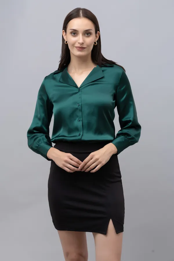 Green_Satin_Solid_Full_Sleeve_Spread_Collar_Hip_Length_Shirt_For_Women_&_Girls
