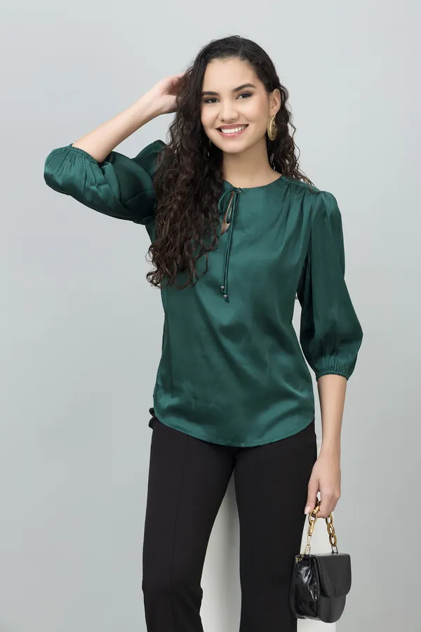 Dark_Green_Satin_Tie-Up_Printed_Regular_Sleeves_Hip_Length_Regular_Top_For_Women