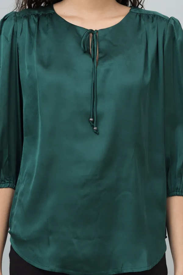 Dark_Green_Satin_Tie-Up_Printed_Regular_Sleeves_Hip_Length_Regular_Top_For_Women