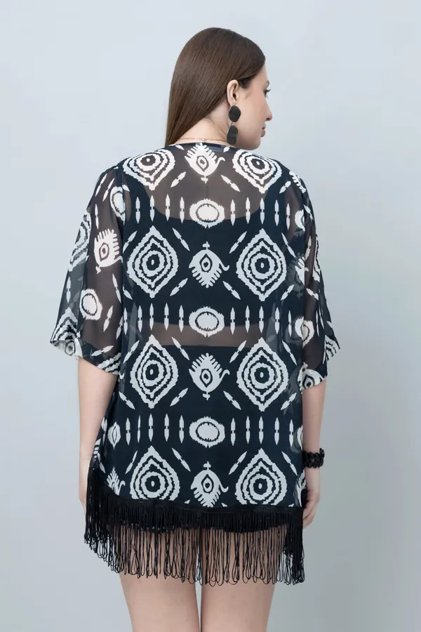 Black_&_White_Georgette_Abstract_3/4Th_Sleeve_Shrug_For_Women