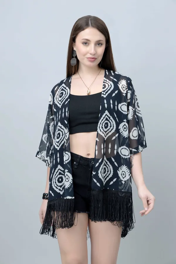 Black_&_White_Georgette_Abstract_3/4Th_Sleeve_Shrug_For_Women