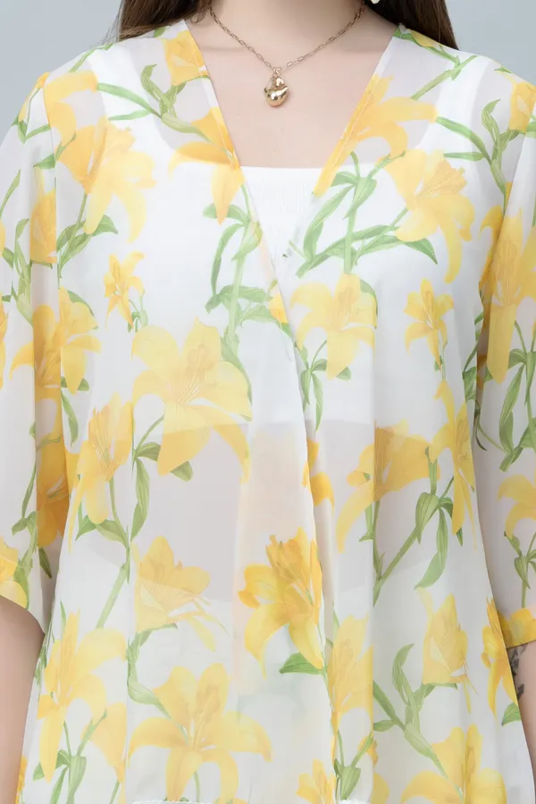 Yellow_&_White_Georgette_Floral_Print_3/4Th_Sleeve_Shrug_For_Women